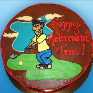 CARTOON GOLF TEE-OFF WITH BLUE SKY AND CLOUDS DAD FATHER'S DAY RETIREMENT BIRTHDAY CAKE IN CHICAGO ILLINOIS