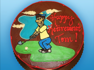 P35 - GOLFER CARTOON GOLF TEE-OFF WITH BLUE SKY AND CLOUDS DAD FATHER'S DAY RETIREMENT BIRTHDAY CAKE IN CHICAGO ILLINOIS