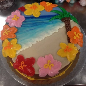 HIBISCUS FLOWERS AND PALM TREE ON THE BEACH TROPICAL VACATION RETIREMENT BIRTHDAY CAKE IN CHICAGO ILLINOIS