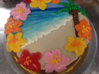 F17 - HIBISCUS BEACH HIBISCUS FLOWERS AND PALM TREE ON THE BEACH TROPICAL VACATION RETIREMENT BIRTHDAY CAKE IN CHICAGO ILLINOIS