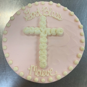 SIMPLE ROSETTE CROSS WITH POLKADOT BORDER GOD BLESS BAPTISM CAKE IN CHICAGO ILLINOIS