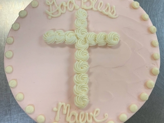 SIMPLE ROSETTE CROSS WITH POLKADOT BORDER GOD BLESS BAPTISM CAKE IN CHICAGO ILLINOIS