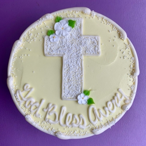 CUTE WHITE GOD BLESS FLORAL SPRINKLE CROSS BAPTISM CAKE IN CAHICAGO ILLINOIS