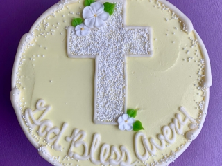 CUTE WHITE GOD BLESS FLORAL SPRINKLE CROSS BAPTISM CAKE IN CAHICAGO ILLINOIS