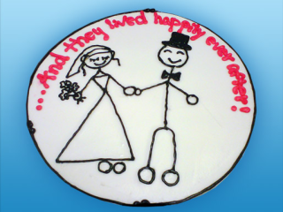 SILLY FUN STICK COUPLE HAPPILY EVER AFTER WEDDING ENGAGEMENT CAKE IN CHICAGO ILLINOIS