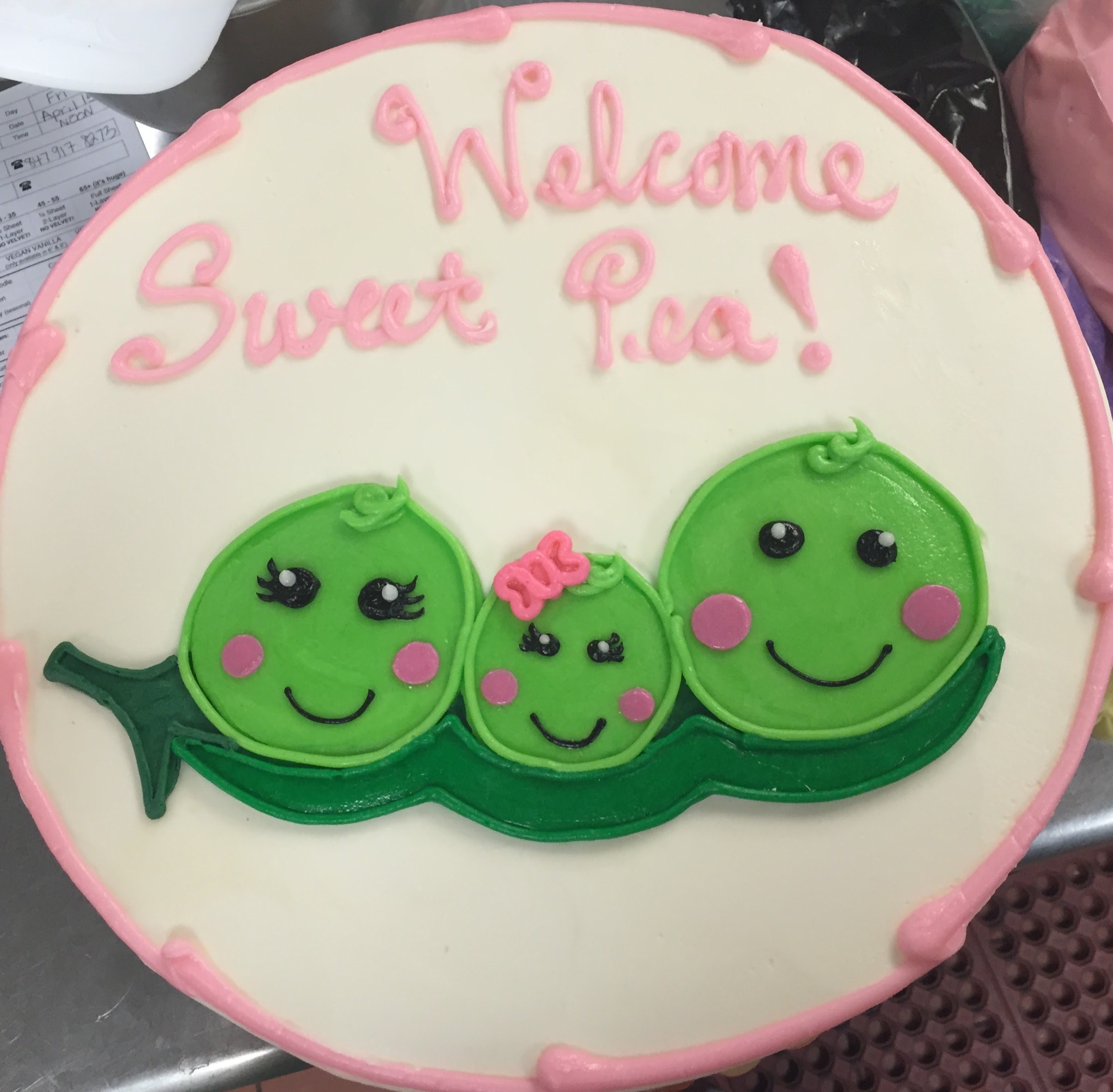 THREE SWEET PEAS IN A POD CUTE GIRL BABY SHOWER CAKE IN CHICAGO ILLINOIS