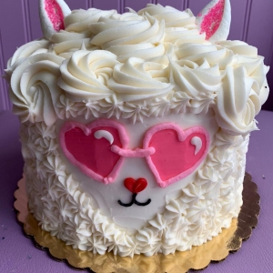 ROSETTE BUTTERCREAM TEXTURED FUZZY HEART EYES LLAMA COVERED VALENTINE'S DAY COUPLES ANNIVERSARY BIRTHDAY CAKE IN CHICAGO ILLINOIS