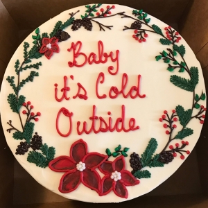 BABY ITS COLD OUTSIDE POINTSETTIA EVERGREEN CHRISTMAS TREE HOLIDAY WREATH WINTER FLORAL BIRTHDAY CAKE IN CHICAGO ILLINOIS
