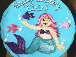 THE LITTLE MERMAID CUSTOM HAIR AND TAIL WITH THREE FISH CARTOON DRAWING FOR GIRLS BIRTHDAY PARTY CAKE IN CHICAGO