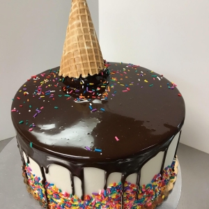 MELTED ICE CREAM CUTE PLAYFUL ADULT PARTY KIDS BIRTHDAY CAKE WITH CHOCOLATE GANACHE DRIP AND SPRINKLES