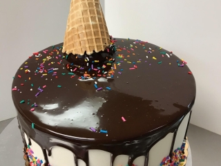 MELTED ICE CREAM CUTE PLAYFUL ADULT PARTY KIDS BIRTHDAY CAKE WITH CHOCOLATE GANACHE DRIP AND SPRINKLES