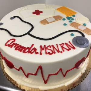 STETHESCOPE BANDAID NURSES HAT MEDICAL THEME WITH HEART MONITER ON ADULTS BIRTHDAY CELEBRATION PARTY CAKE IN CHICAGO