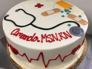 STETHESCOPE BANDAID NURSES HAT MEDICAL THEME WITH HEART MONITER ON ADULTS BIRTHDAY CELEBRATION PARTY CAKE IN CHICAGO