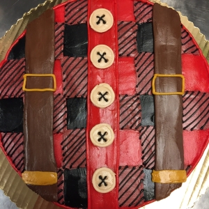PLAID RED LUMBERJACK FLANNEL WITH BUTTONS AND SUSPENDERS TOP COVERED THEME CAKE FOR DAD GRANDPA RETIREMENT BIRTHDAY FATHERS DAY CUSTOM CAKE IN CHICAGO