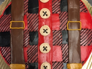PLAID RED LUMBERJACK FLANNEL WITH BUTTONS AND SUSPENDERS TOP COVERED THEME CAKE FOR DAD GRANDPA RETIREMENT BIRTHDAY FATHERS DAY CUSTOM CAKE IN CHICAGO