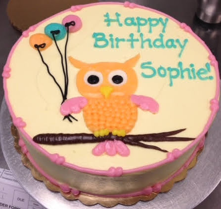 CUTE ORANGE AND PINK OWL HOLDING BALLOONS ON BRANCH FOR GIRLY BIRTHDAY CELELBRATION PARTY IN CHICAGO