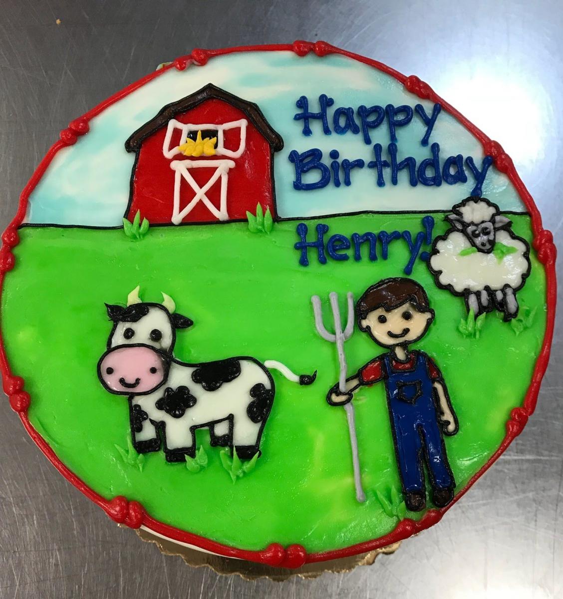 FARMER COW AND SHEEP WITH BARN AND GREEN GRASS FOR KIDS BIRTHDAY PARTY CELEBRATION CAKE IN CHICAGO
