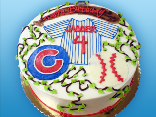CUBS LOGO BASEBALL BAT AND JERSEY SPORTS THEME WORLD SERIES KIDS CUSTOM BIRTHDAY CELEBRATION PARTY CAKE IN CHICAGO