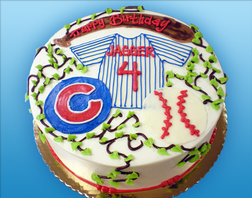 CUBS LOGO BASEBALL BAT AND JERSEY SPORTS THEME WORLD SERIES KIDS CUSTOM BIRTHDAY CELEBRATION PARTY CAKE IN CHICAGO