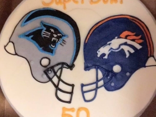 TWO TEAMS GAME DAY SUPERBOWL FOOTBALL NFL LOGO BIRTHDAY CAKE IN CHICAGO ILLINOIS